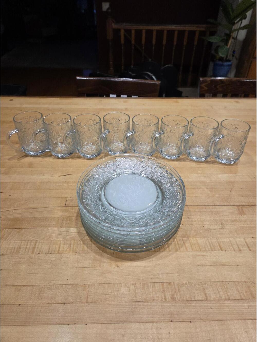 Vintage Princess House Fantasia Glass Snack Set 8 Mugs & 8 Plates 16 Pc